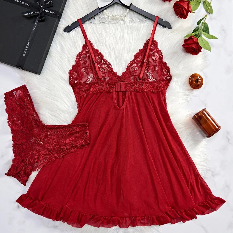 2 Pieces Lingerie Set Semi-transparent Thong Underwear Nightgown