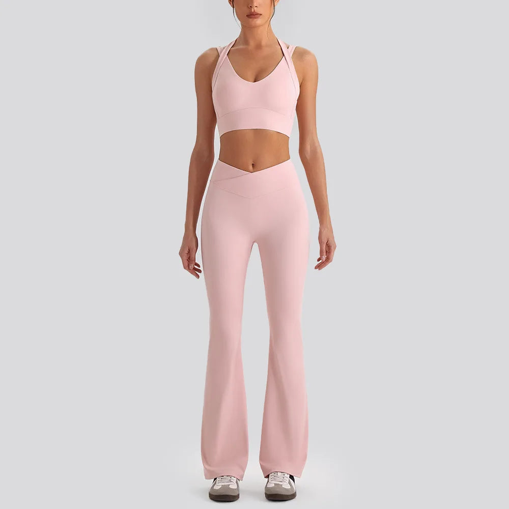 Exercise Sets Backless Sports Tank Top V Shape High Waist Wide Leg Pants