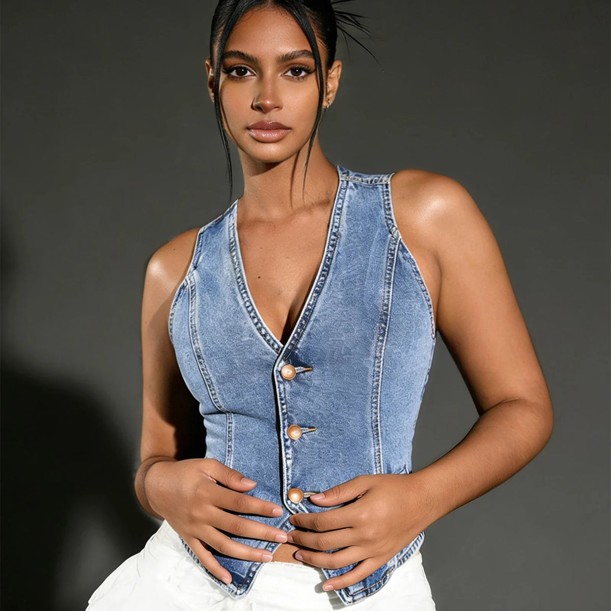 Denim Sleeveless Vest V Neck Slim Fit Button Down Jean Tops Waistcoat Vests
