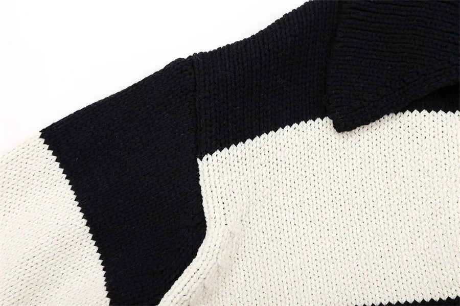 Striped Knit Sweater Vintage Polo Neck Long Sleeve