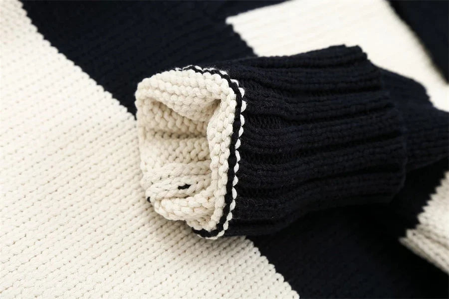 Striped Knit Sweater Vintage Polo Neck Long Sleeve