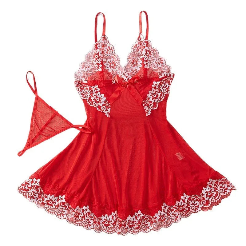 See Through Sexy Deep V Embroidered Nightdress