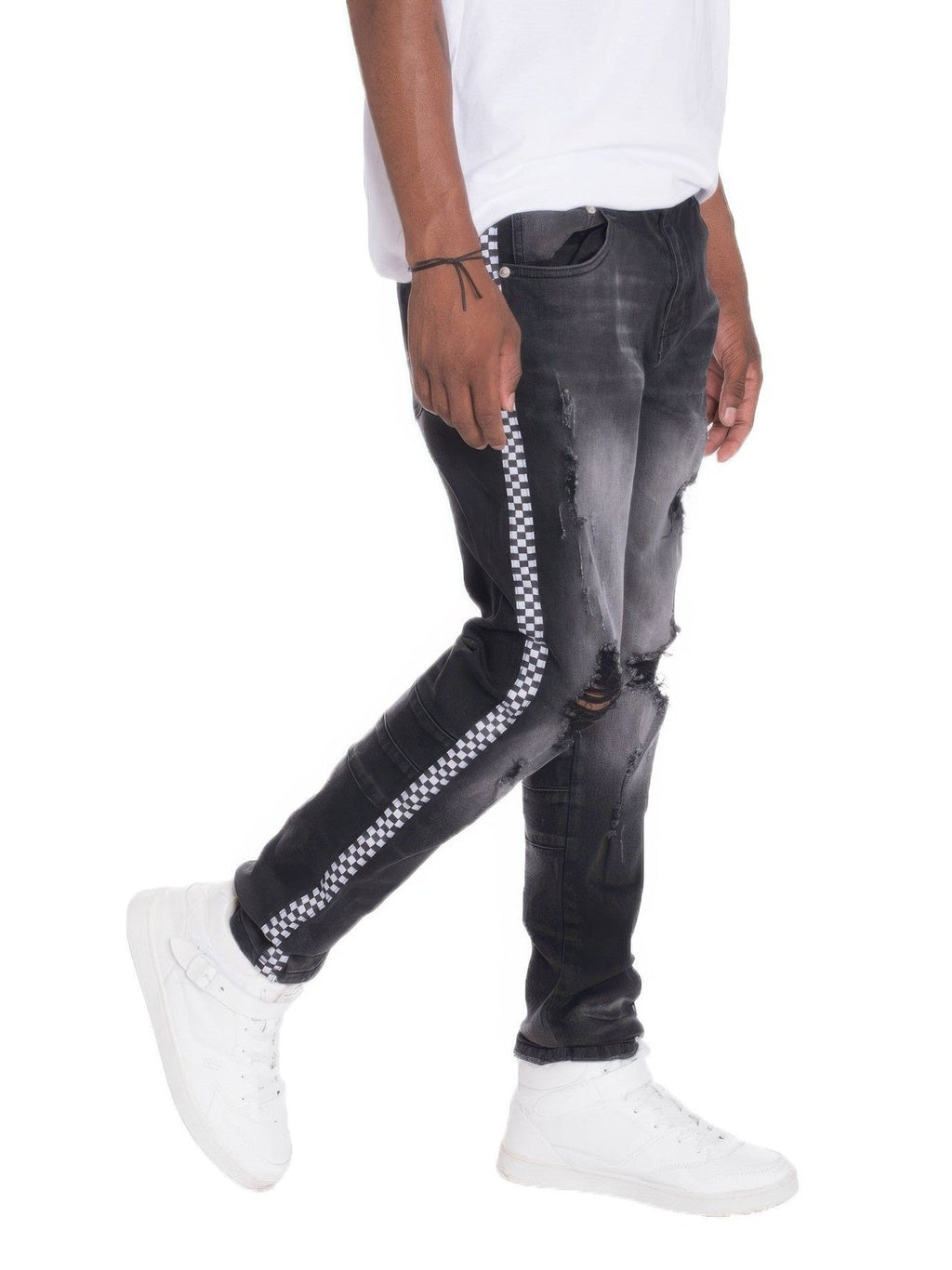 Distressed Denim Checkered Tape Jeans