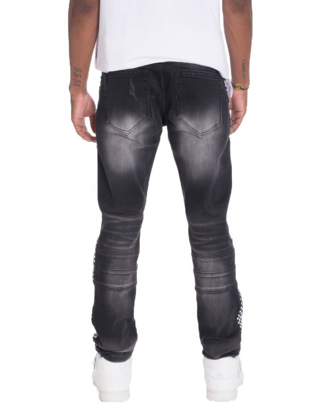 Distressed Denim Checkered Tape Jeans