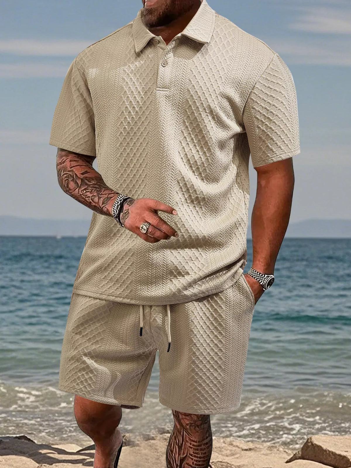 Knit Polo Shirt & Shorts Set Plus Size
