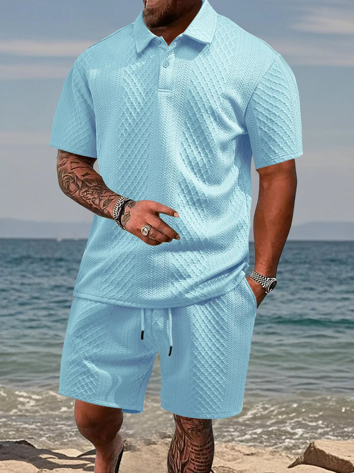 Knit Polo Shirt & Shorts Set Plus Size