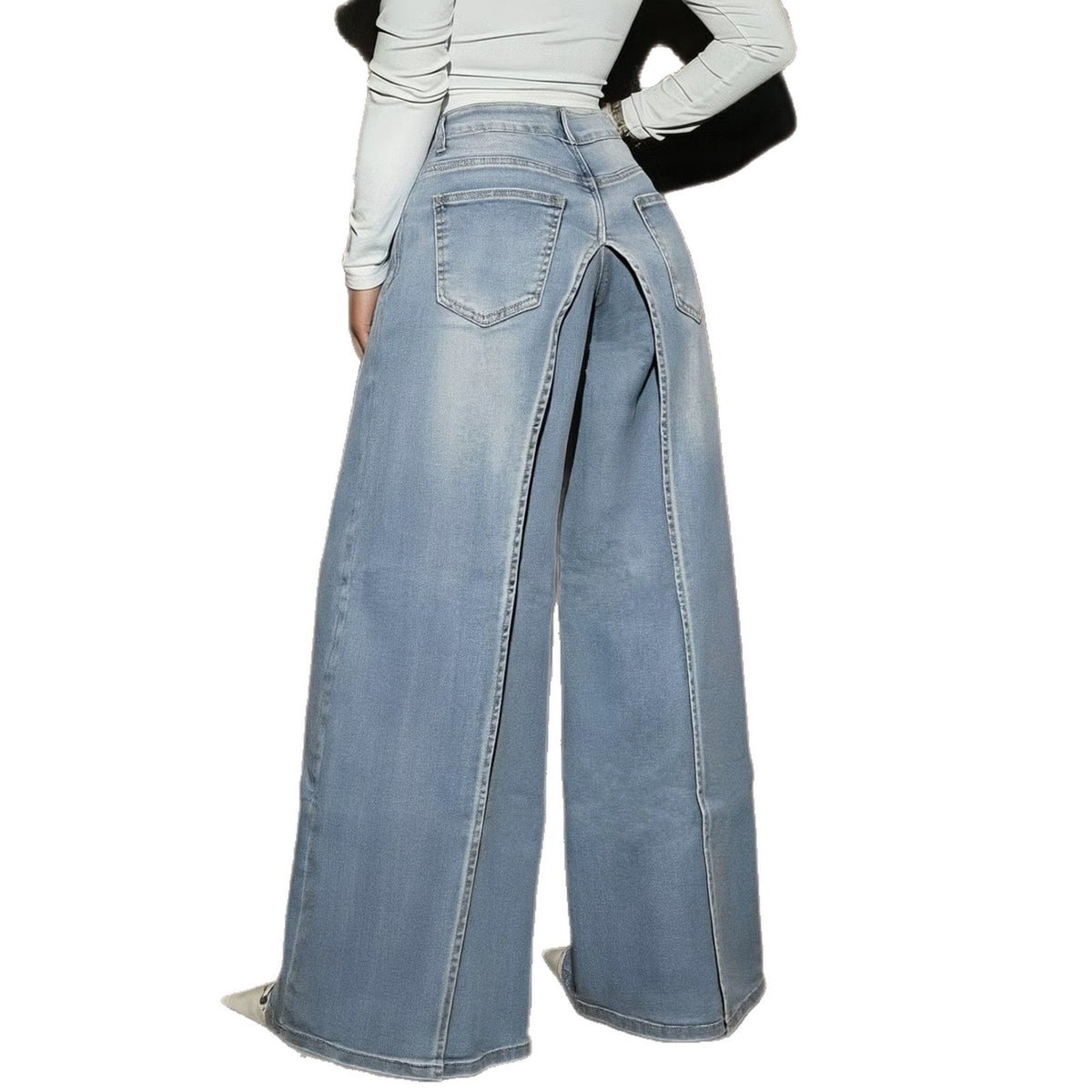 Women's Jeans, Washed High-Waisted Double-Layer Split Straight-Leg Pants, Cross-Border Trendy Slim-Fit Floor-Length Denim