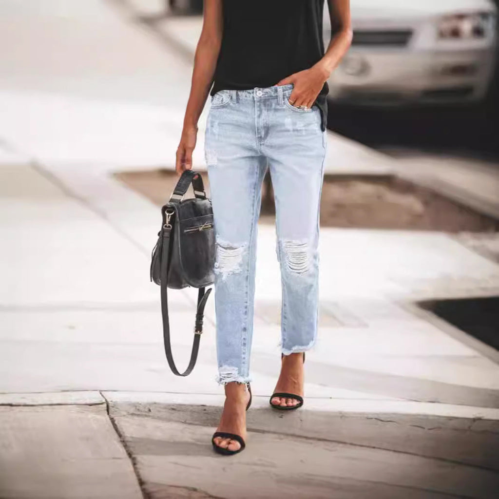 Ripped Non-elastic Retro Fashion Jeans