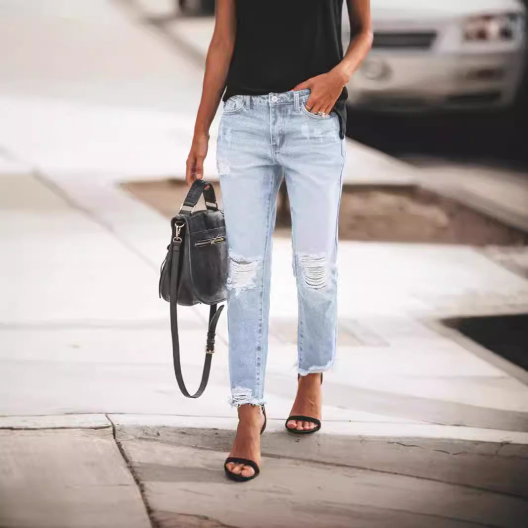 Ripped Non-elastic Retro Fashion Jeans