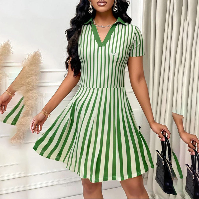 Elegant Striped V-neck Short Mini Dress