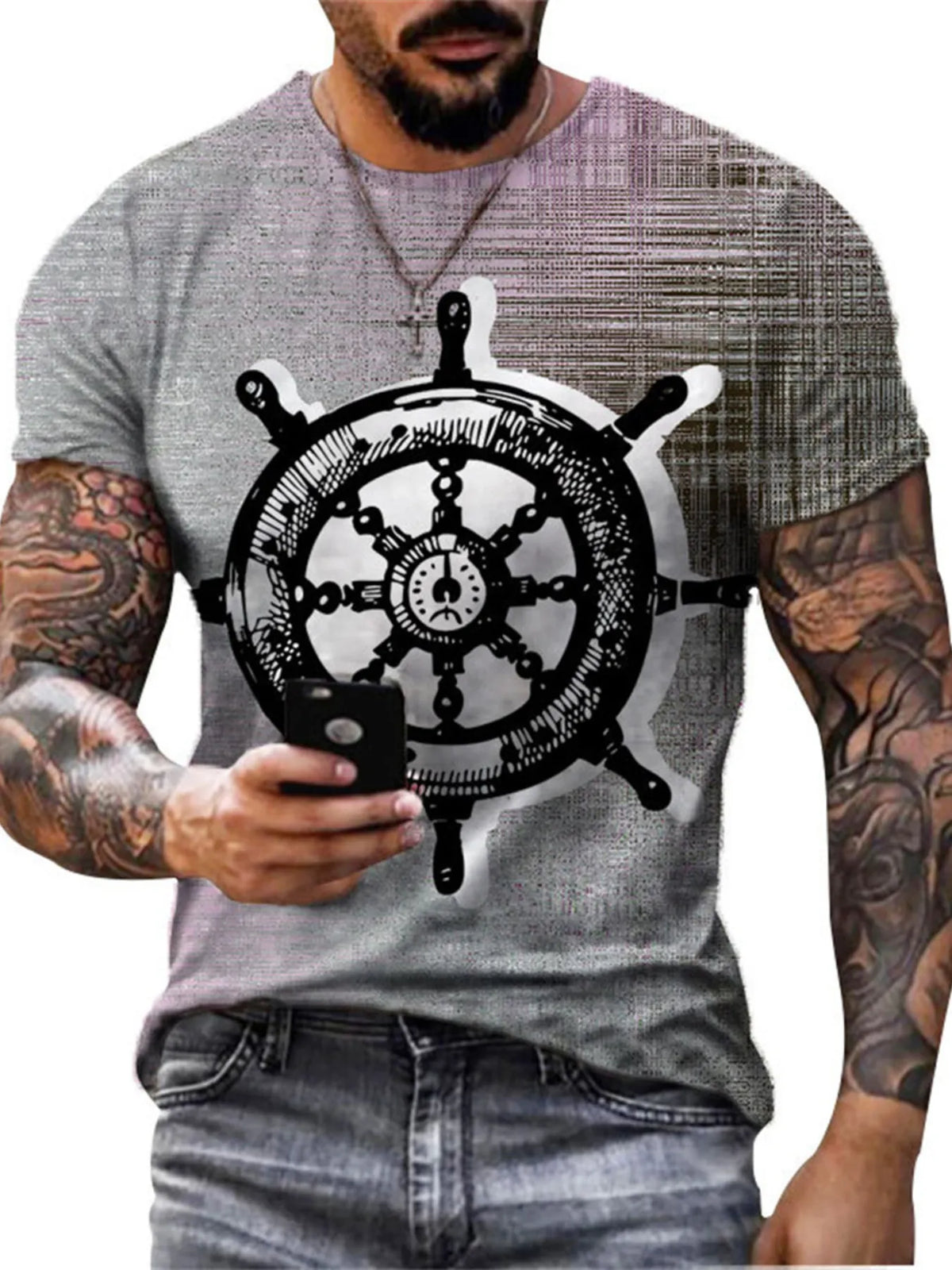 Full Size Artistic Compass Graphic Round Neck T-Shirt