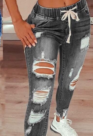Ripped Long Denim Pants High Rise Elastic Waist Drawstring Jeans