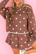 Brown Polka Dot Raw Hem Relaxed Pullover Loose Skort Two Piece Set