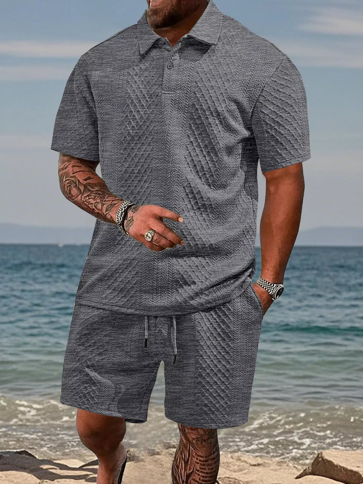 Knit Polo Shirt & Shorts Set Plus Size