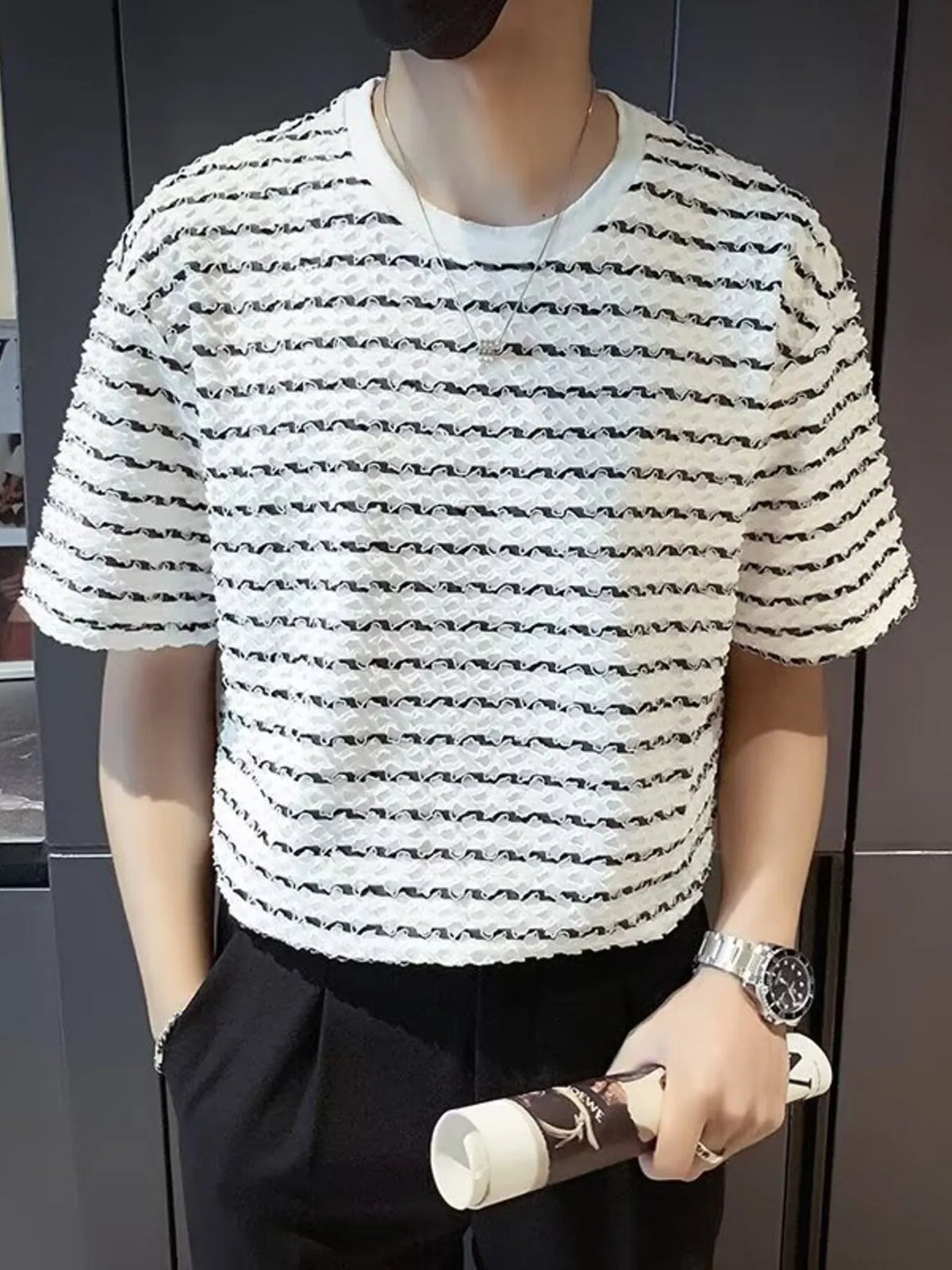 Plus Size Casual Striped Wave Pattern Short Sleeve T-Shirt