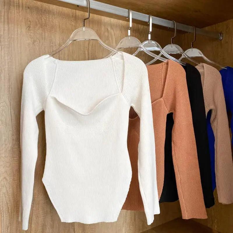 Trendy Square Collar Long Sleeve Woman's Sweater Knitted