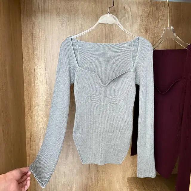 Trendy Square Collar Long Sleeve Woman's Sweater Knitted
