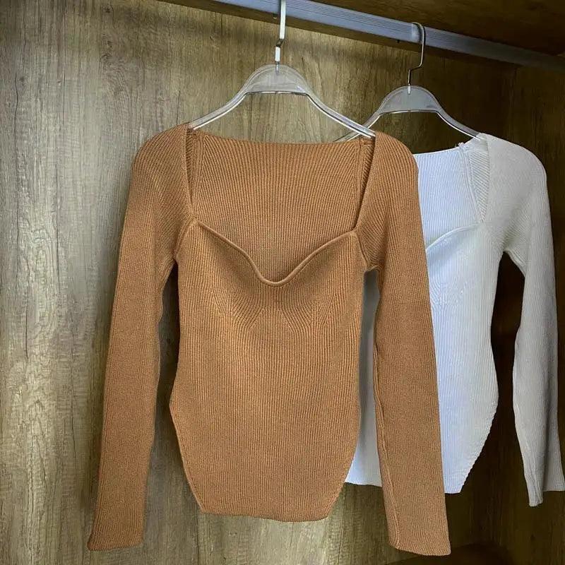 Trendy Square Collar Long Sleeve Woman's Sweater Knitted