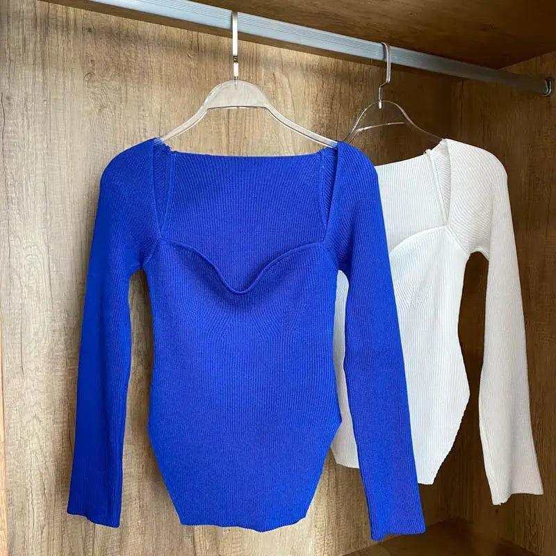 Trendy Square Collar Long Sleeve Woman's Sweater Knitted