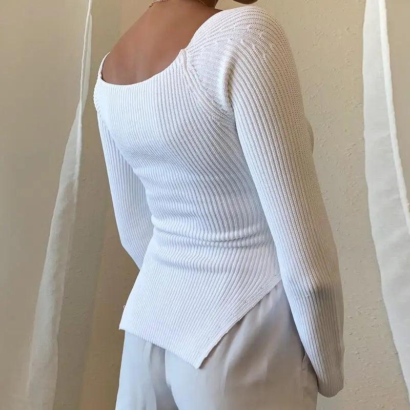 Trendy Square Collar Long Sleeve Woman's Sweater Knitted