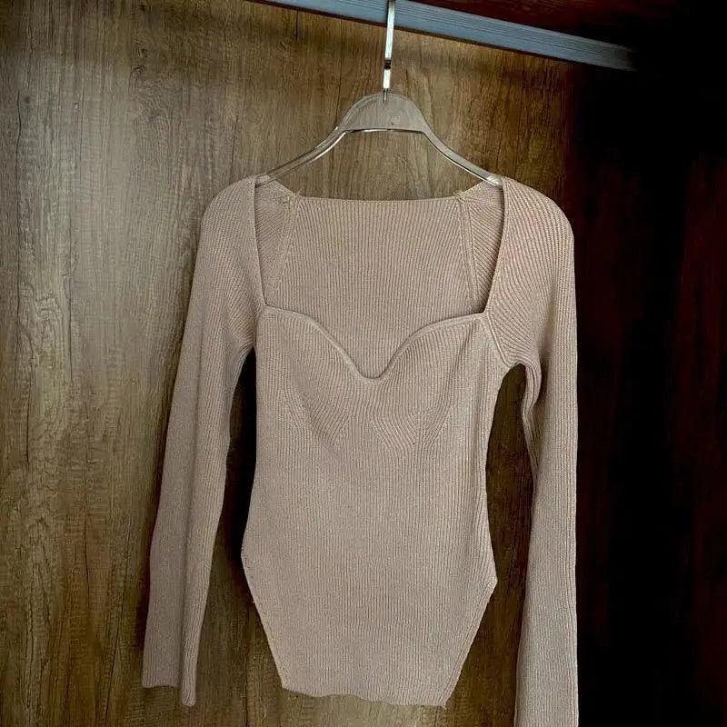 Trendy Square Collar Long Sleeve Woman's Sweater Knitted