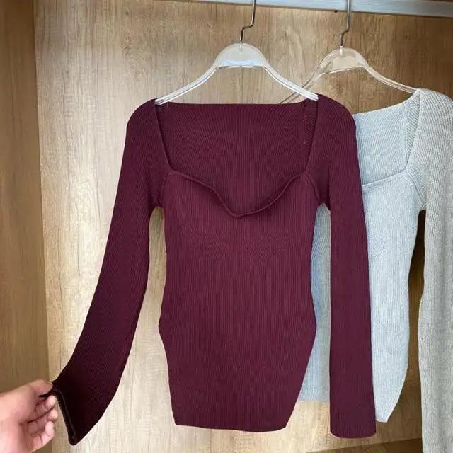 Trendy Square Collar Long Sleeve Woman's Sweater Knitted