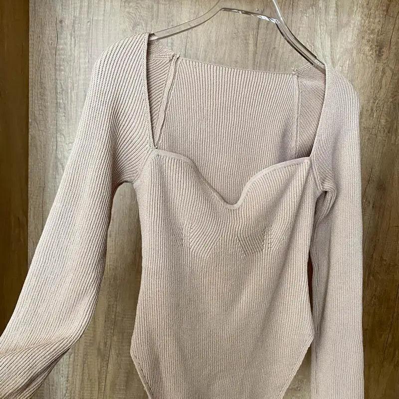 Trendy Square Collar Long Sleeve Woman's Sweater Knitted