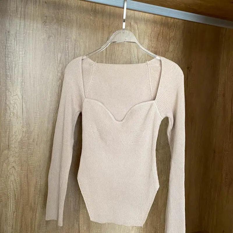 Trendy Square Collar Long Sleeve Woman's Sweater Knitted