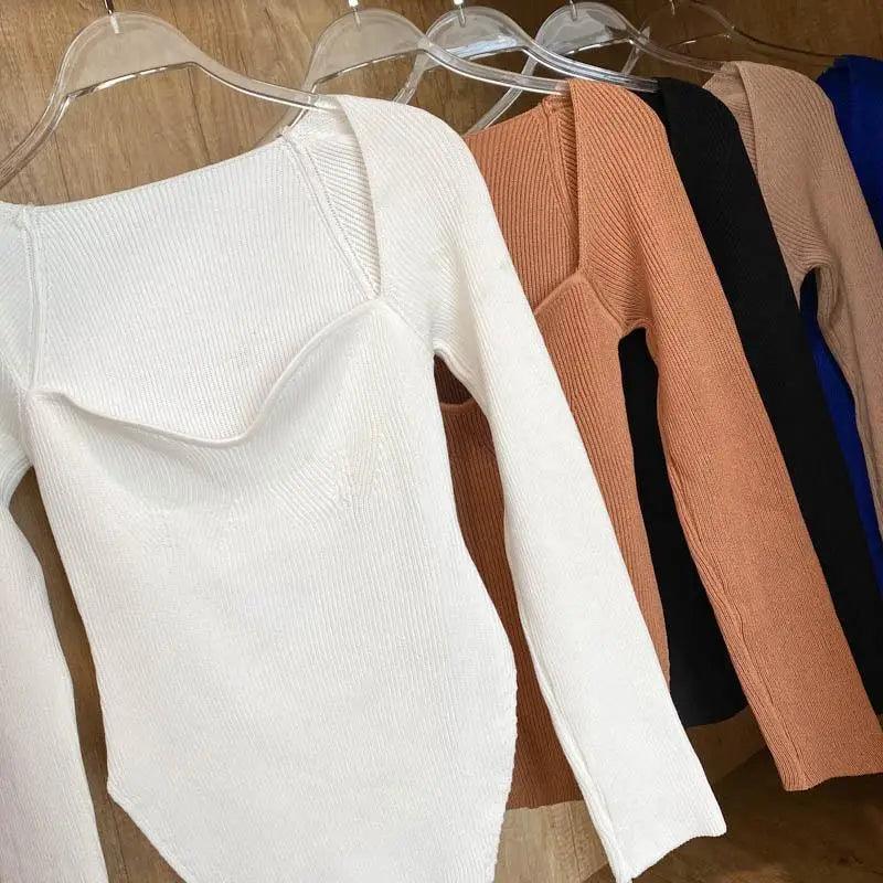 Trendy Square Collar Long Sleeve Woman's Sweater Knitted