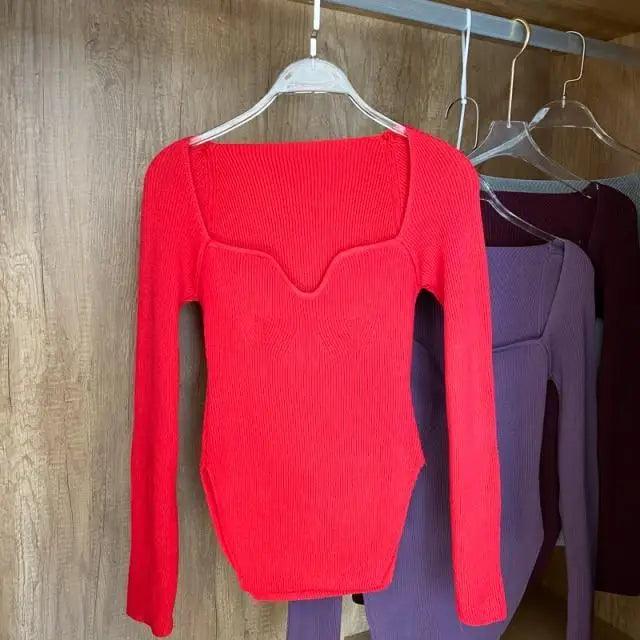 Trendy Square Collar Long Sleeve Woman's Sweater Knitted