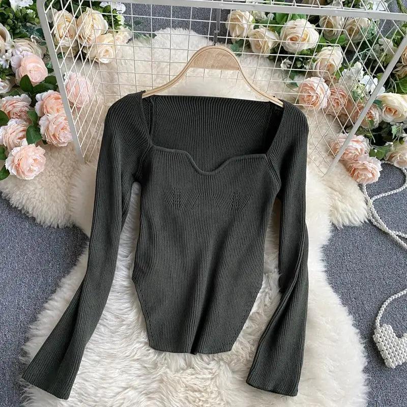 Trendy Square Collar Long Sleeve Woman's Sweater Knitted