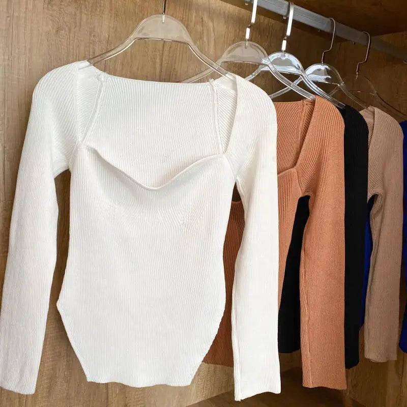 Trendy Square Collar Long Sleeve Woman's Sweater Knitted