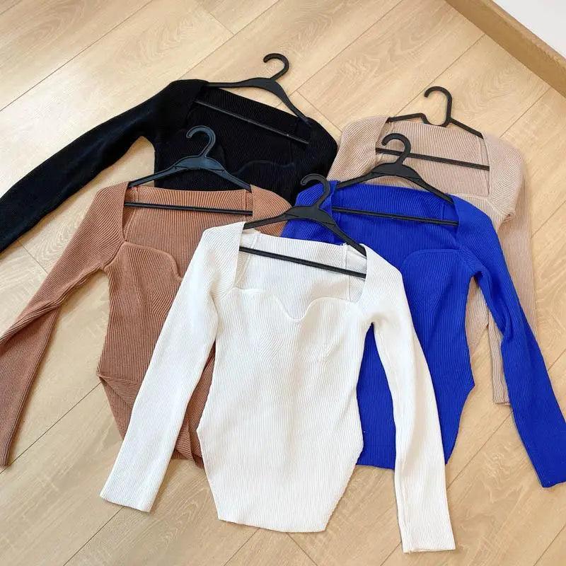 Trendy Square Collar Long Sleeve Woman's Sweater Knitted
