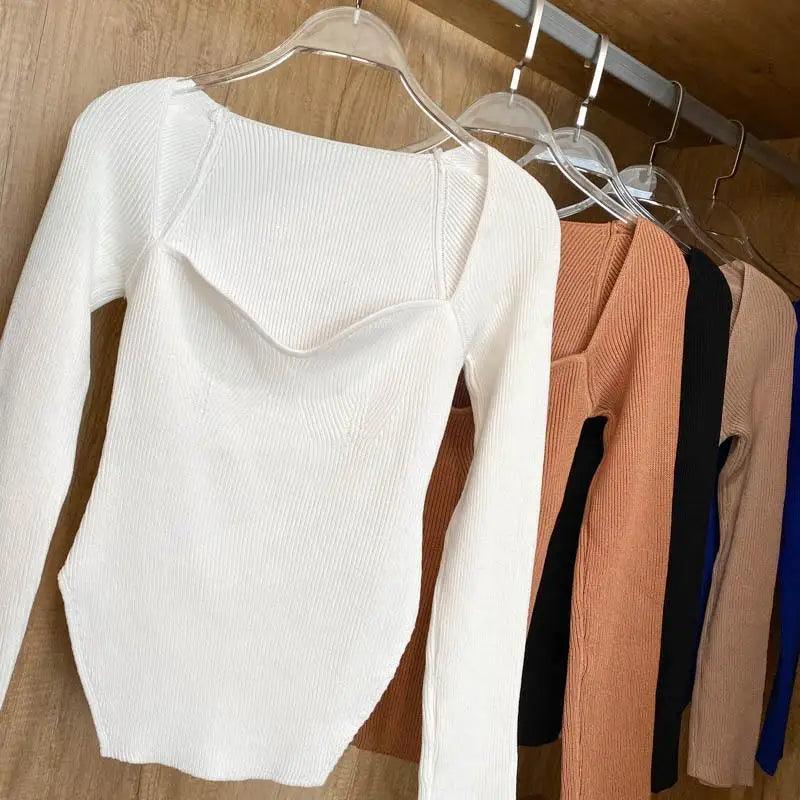 Trendy Square Collar Long Sleeve Woman's Sweater Knitted