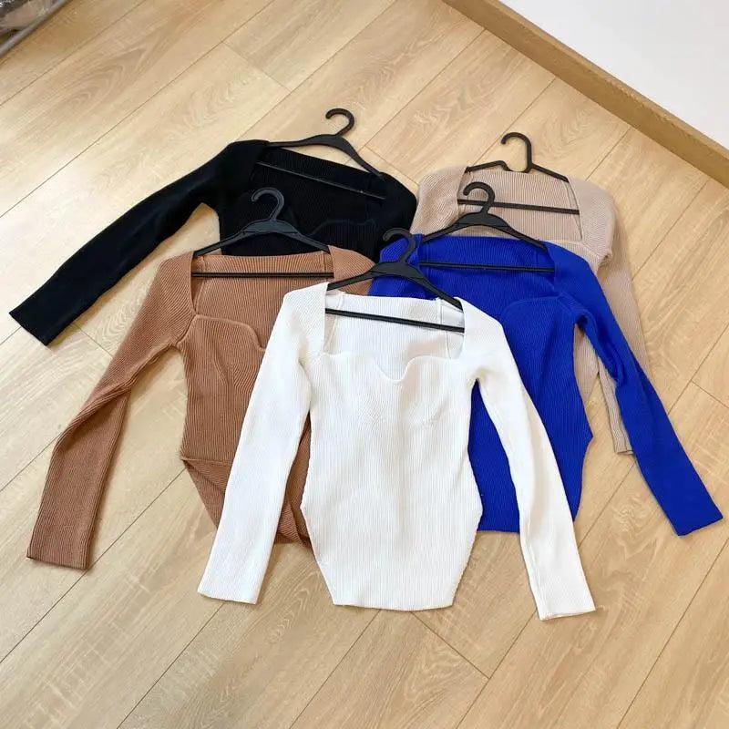 Trendy Square Collar Long Sleeve Woman's Sweater Knitted