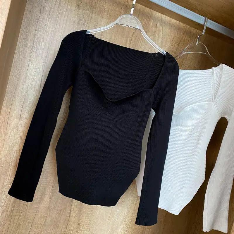 Trendy Square Collar Long Sleeve Woman's Sweater Knitted