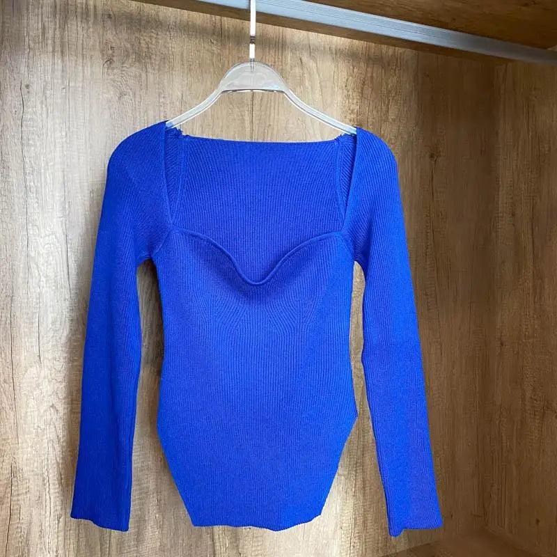 Trendy Square Collar Long Sleeve Woman's Sweater Knitted