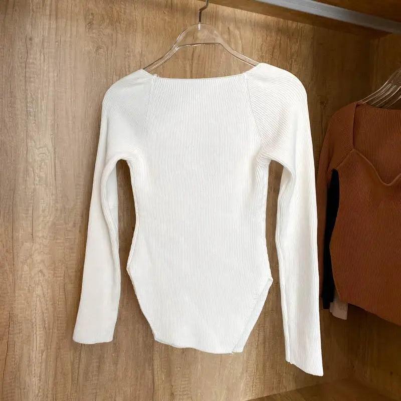 Trendy Square Collar Long Sleeve Woman's Sweater Knitted