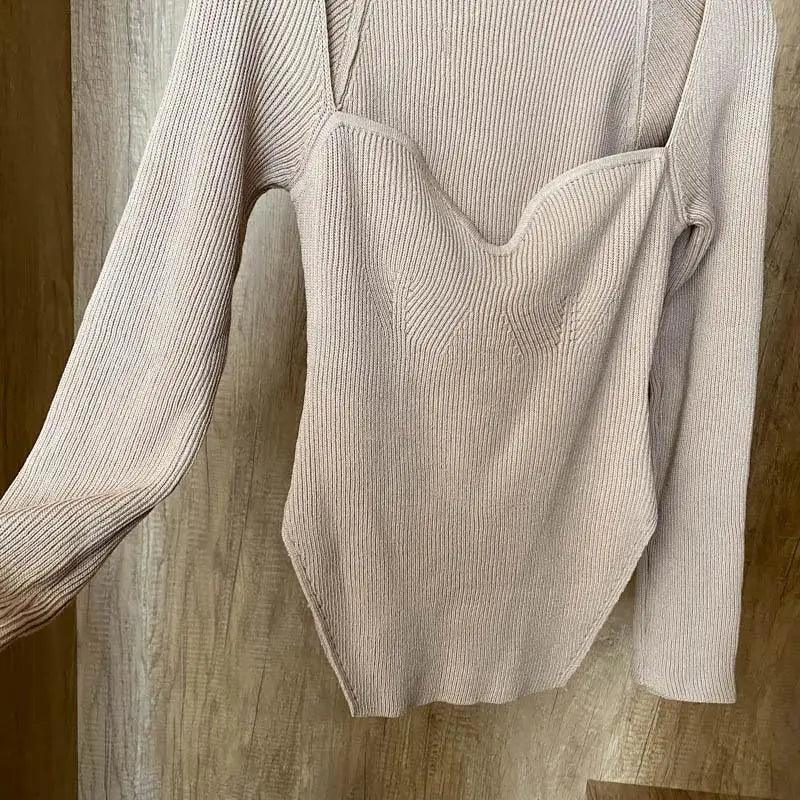 Trendy Square Collar Long Sleeve Woman's Sweater Knitted