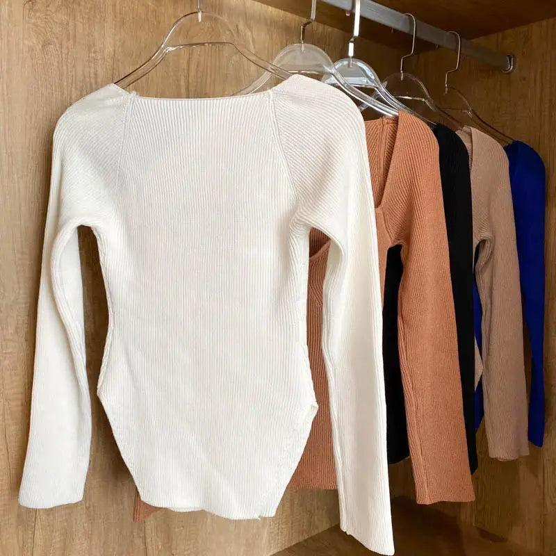 Trendy Square Collar Long Sleeve Woman's Sweater Knitted