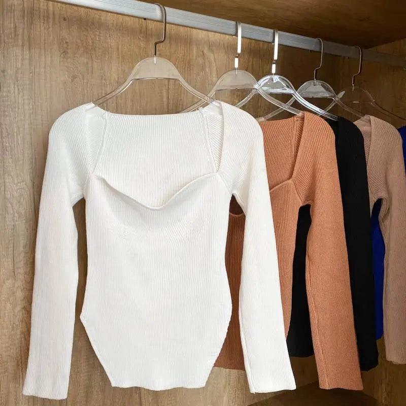 Trendy Square Collar Long Sleeve Woman's Sweater Knitted