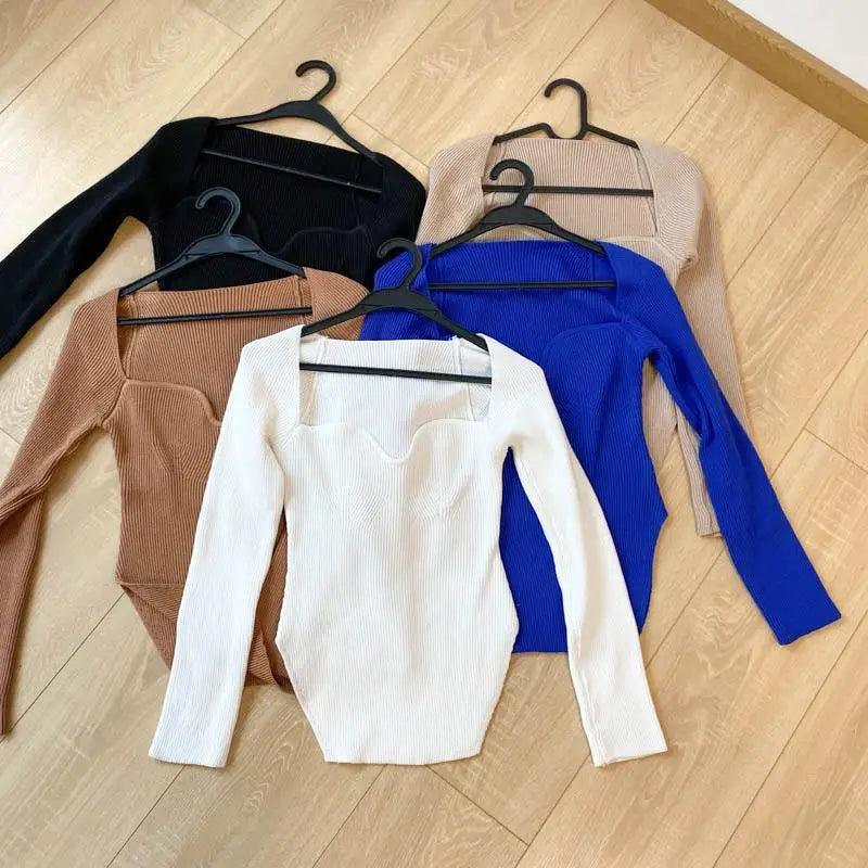 Trendy Square Collar Long Sleeve Woman's Sweater Knitted