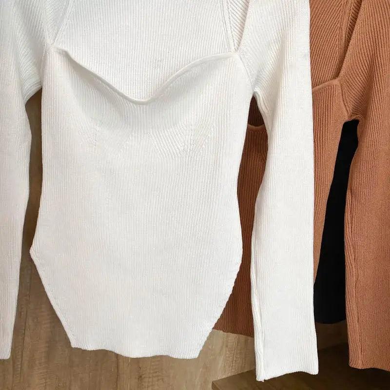Trendy Square Collar Long Sleeve Woman's Sweater Knitted