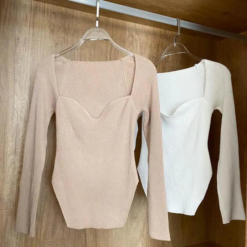 Trendy Square Collar Long Sleeve Woman's Sweater Knitted