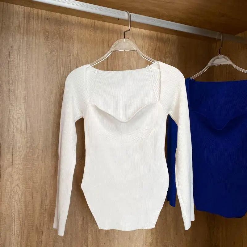Trendy Square Collar Long Sleeve Woman's Sweater Knitted