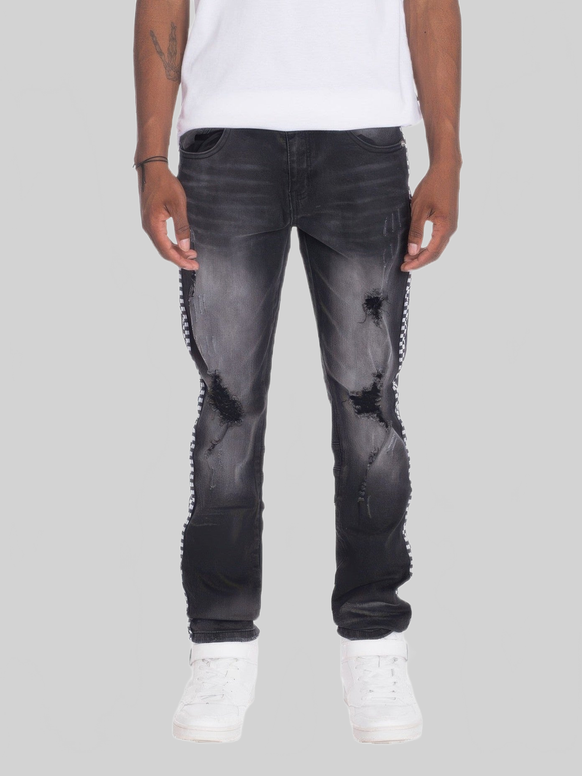 Distressed Denim Checkered Tape Jeans