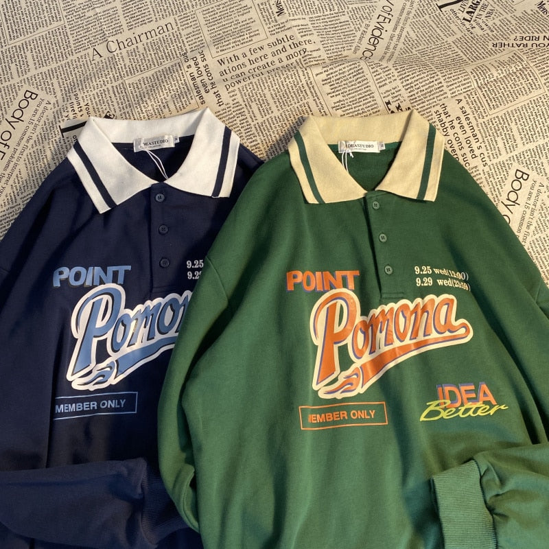 Polo Collar Oversized Letter Print Sweatshirt Long Sleeve