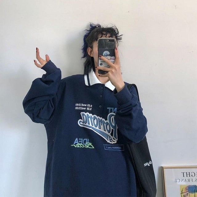Polo Collar Oversized Letter Print Sweatshirt Long Sleeve