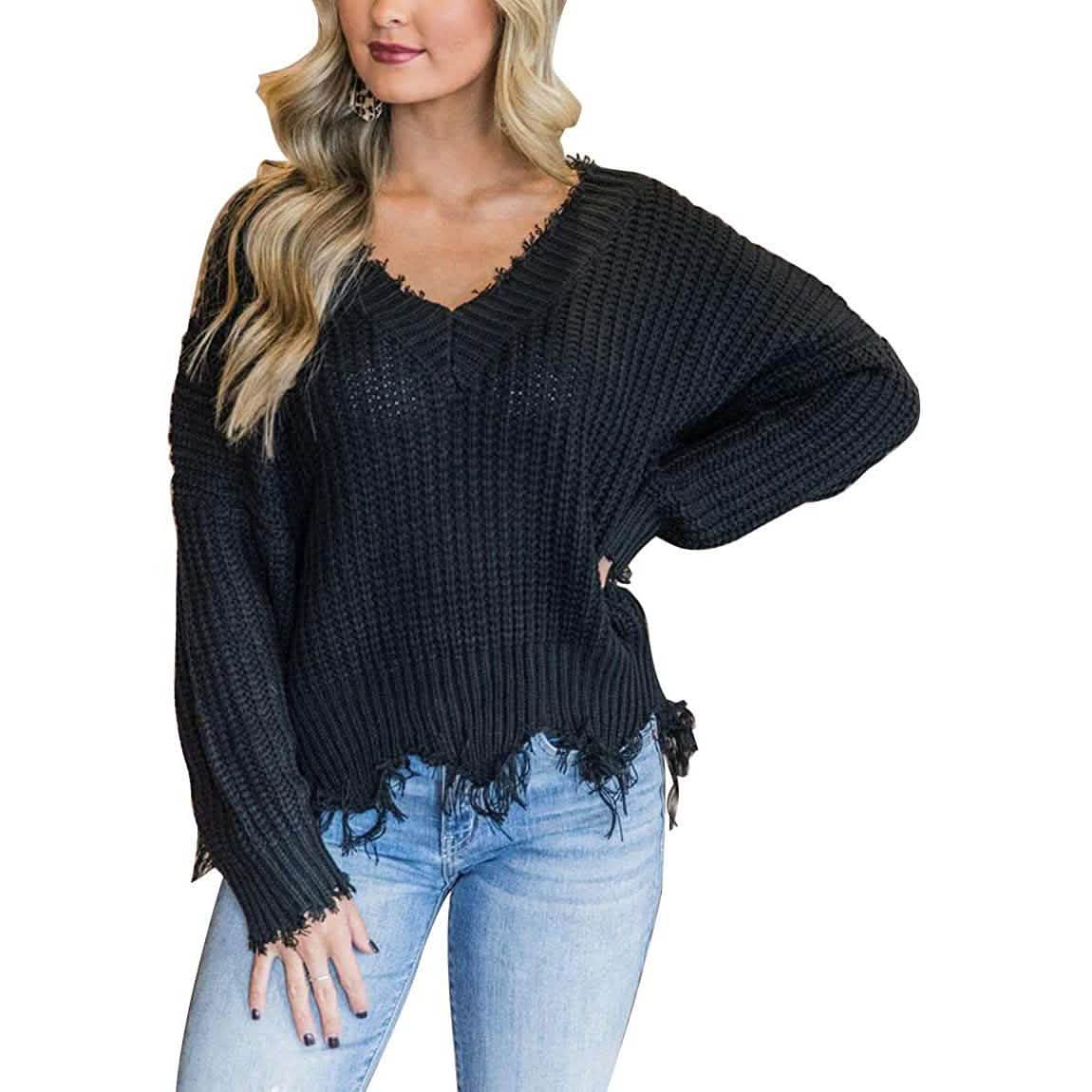 Loose Knitted Sweater Long Sleeve V-Neck