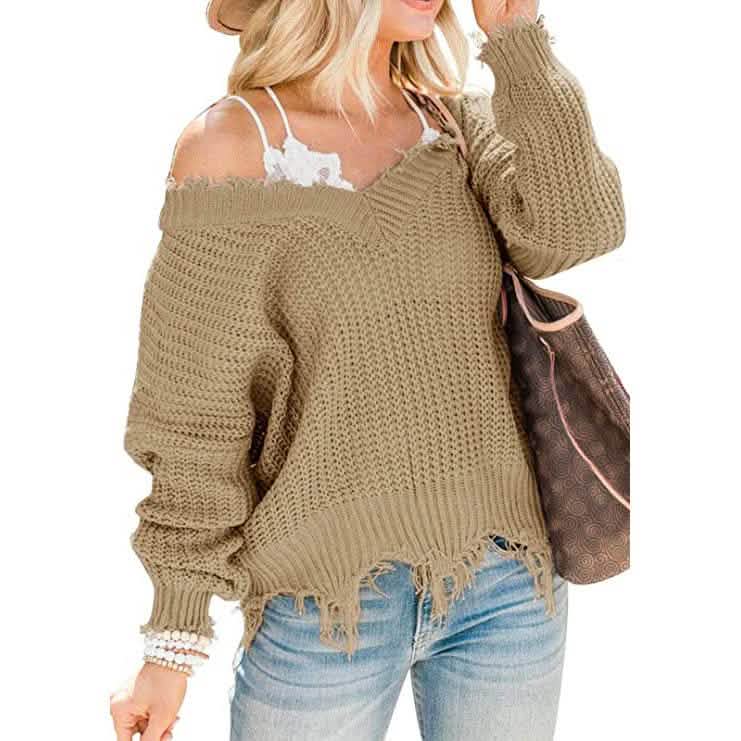 Loose Knitted Sweater Long Sleeve V-Neck